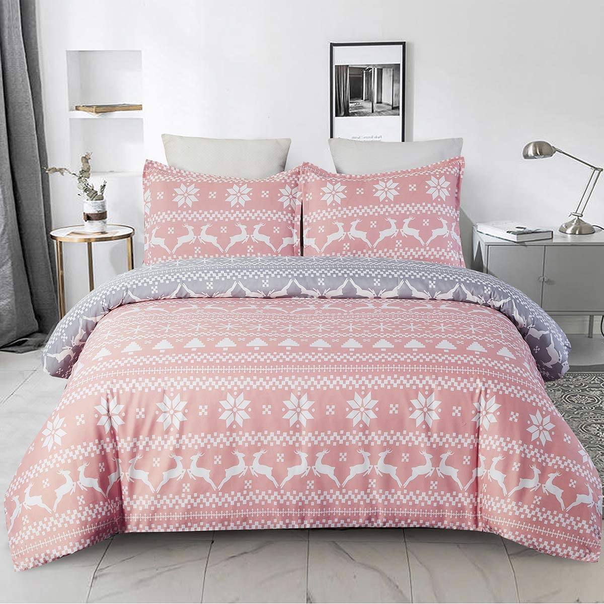 Price:$35.95 Soft Brushed Microfiber Duvet Cover Set with Zipper Closure and Corner Ties, Reversible Design for Christmas Holiday, Pink and Grey Color-Queen Size : Home & Kitchen