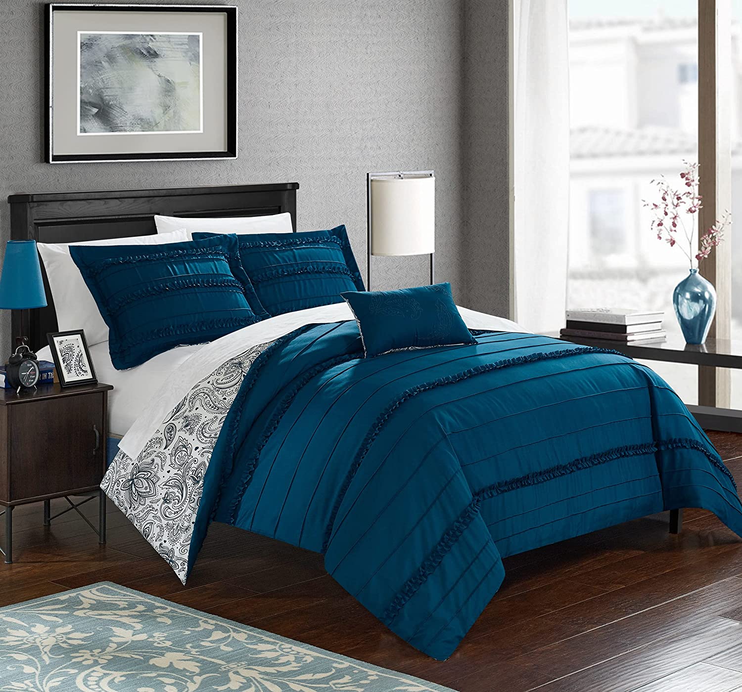 Price:$65.83 Home 4 Piece Eliza Pleated and Ruffled Reversible Paisely Floral Print Duvet Cover Set Shams and Decorative Pillows Included, Queen, Navy : Home & Kitchen