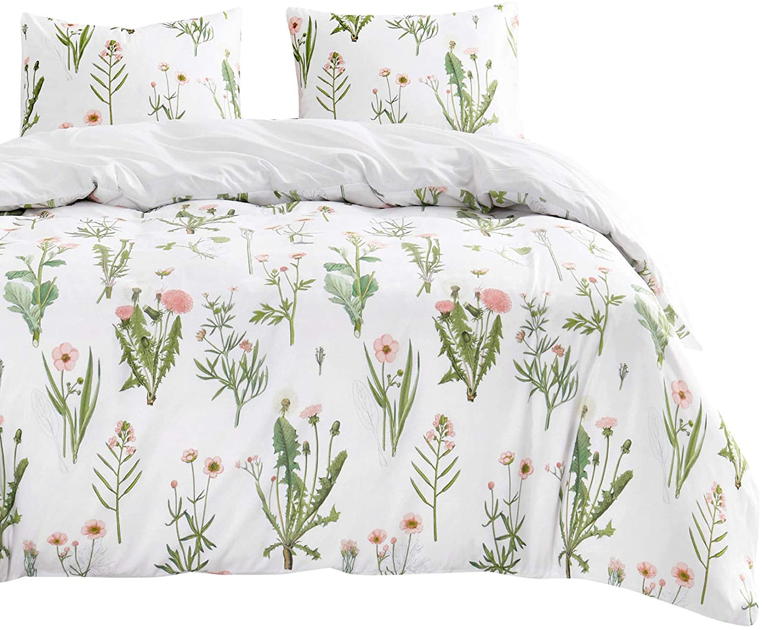 Price:$36.99 In Cloud - Botanical Duvet Cover Set, Pink Dandelion Flowers and Green Leaves Floral Garden Pattern Printed on White, Soft Microfiber Bedding (3pcs, Queen Size) : Home & Kitchen