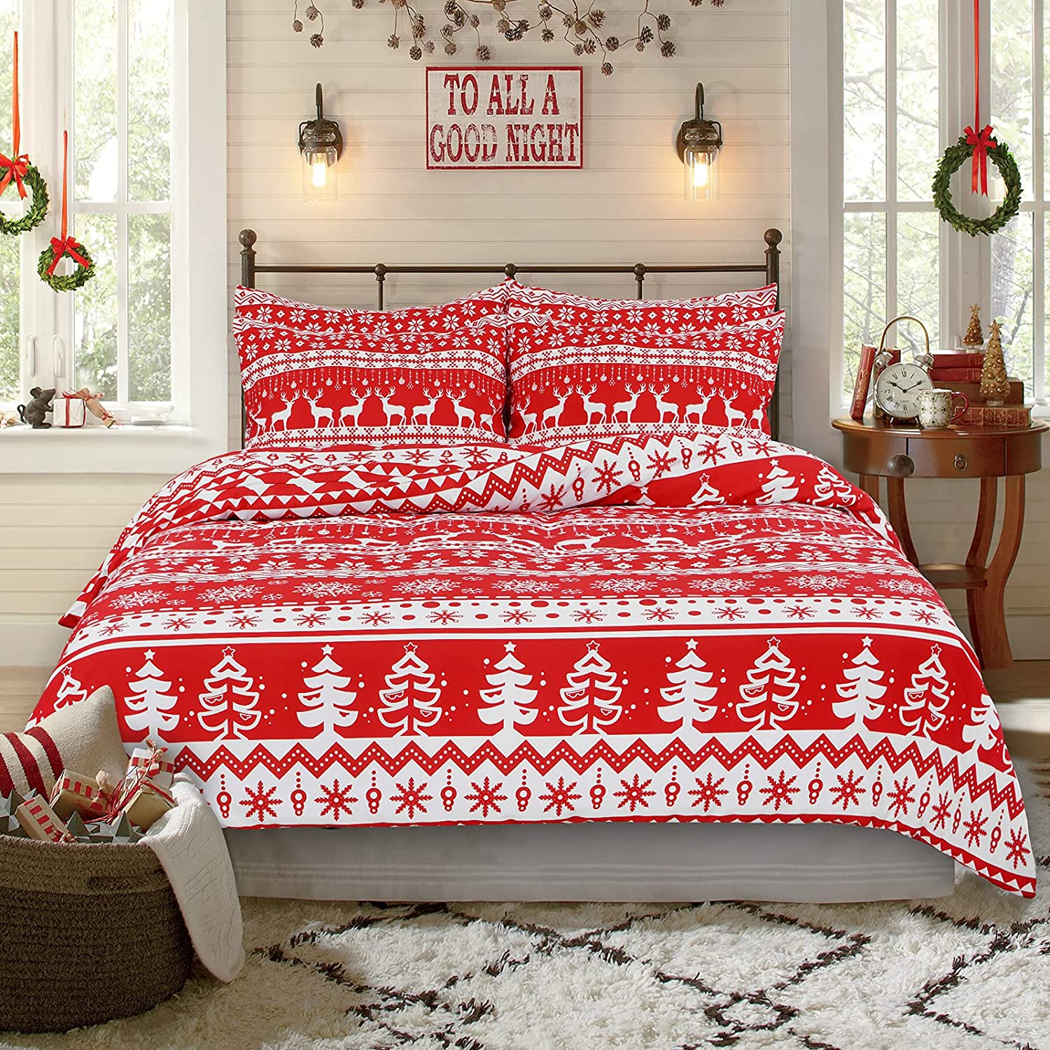 Price:$34.99 Duvet Cover Set King Tree Snowflake Comforter Cover Set 3 Pcs Reindeer Bedding Cover Red White Quilt Cover with Zipper Closure(1 Duvet Cover, 2 Pillow Shams) : Home & Kitchen