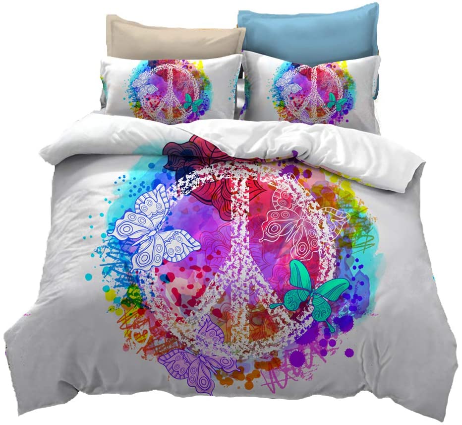 Price:$48.99 Psychedelic Butterfly Peace Sign,Bedding Boys Girls Watercolor Colorful Art Duvet Cover Set.Included:1 Duvet Cover,2 Pillowcase(no Comforter Inside) (Queen) : Home & Kitchen