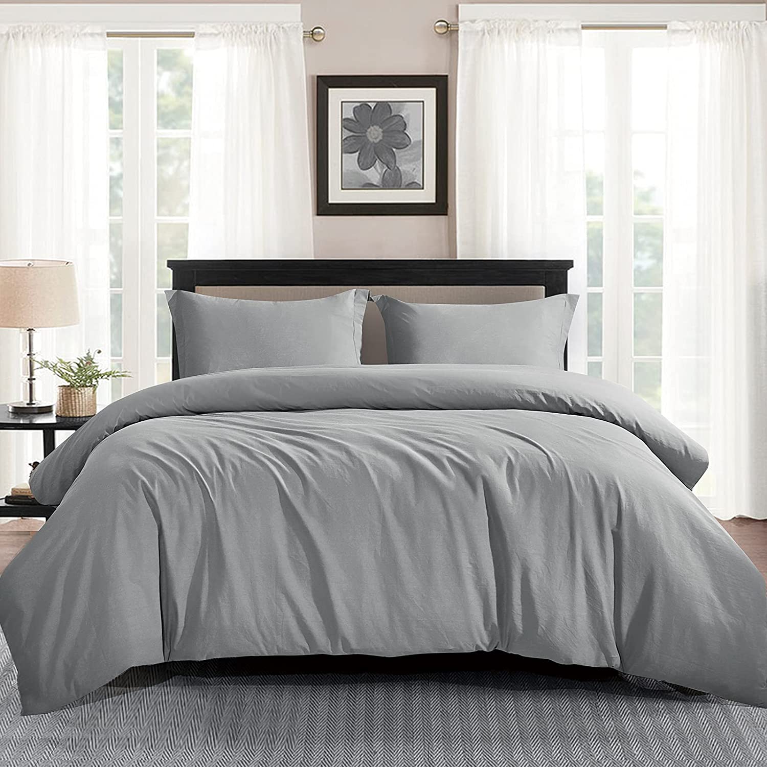 Price:$25.99 100% Washed Cotton Duvet Cover Set King Size Light Grey 3PCS 104" x 90" Soft Bedding Comforter Cover with Corner Ties and Zipper Closure, Luxury Duvet Covers, Light Gray : Home & Kitchen