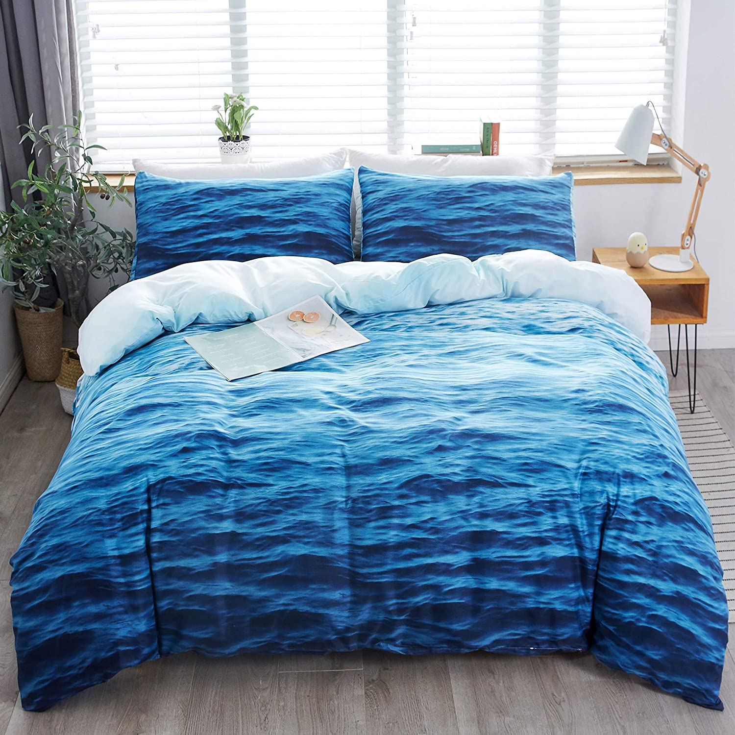 Price:$28.89 3D Ocean Waves Duvet Cover Set Queen Size Hotel Luxury Bedding Set Comforter Cover (1 Duvet Cover+2 Pillowcases) White to Blue : Home & Kitchen