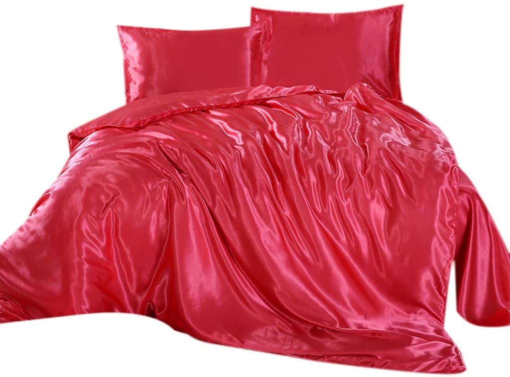 Price:$67.99 Bedding 3-Piece Bedding Set Satin Duvet Set Soft Silk Bedding Collection, Silk Simple Embroidery Solid Color, 1 Duvet Cover + 2Pillowcase (Full/Queen-Red) : Home & Kitchen