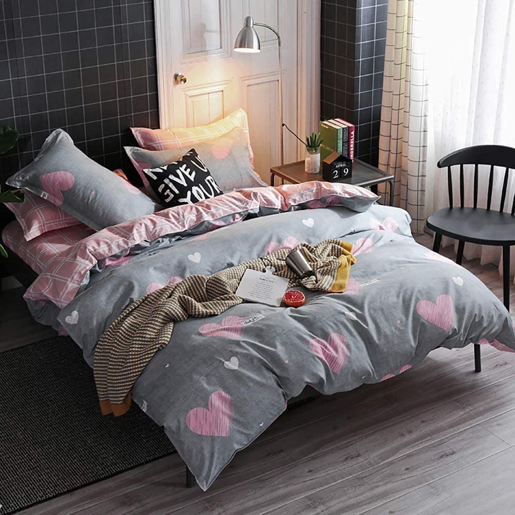 Price:$28.99 3pcs Girls Pink Grey Heart Duvet Cover Set Queen Size Pink White Plaid Reversible Bedding Set Full Queen Ultra Soft Microfiber Quilt Cover Without Comforter : Home & Kitchen
