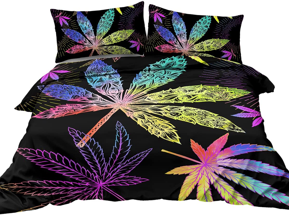 Price:$25.90 Cannabis Leaves Bedding Set Neon Leaves Duvet Cover Queen Size Marijuana Weed Leaf Comforter Cover Set Trippy Quilt Cover, Purple Turquoise Yellow Black : Home & Kitchen