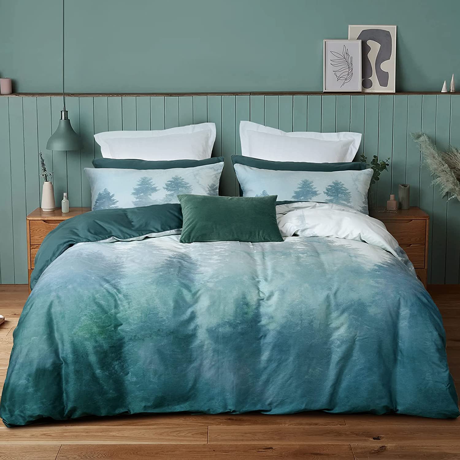 Price:$65.99 Forest Printed Cotton Duvet Cover Set Queen Size-Smoky Mountain Comforter Cover with Corner Ties Zip Closure-3 Pieces Pineforest Bedding Set Natural Scenery-90x90 Inches-Green : Home & Kitchen