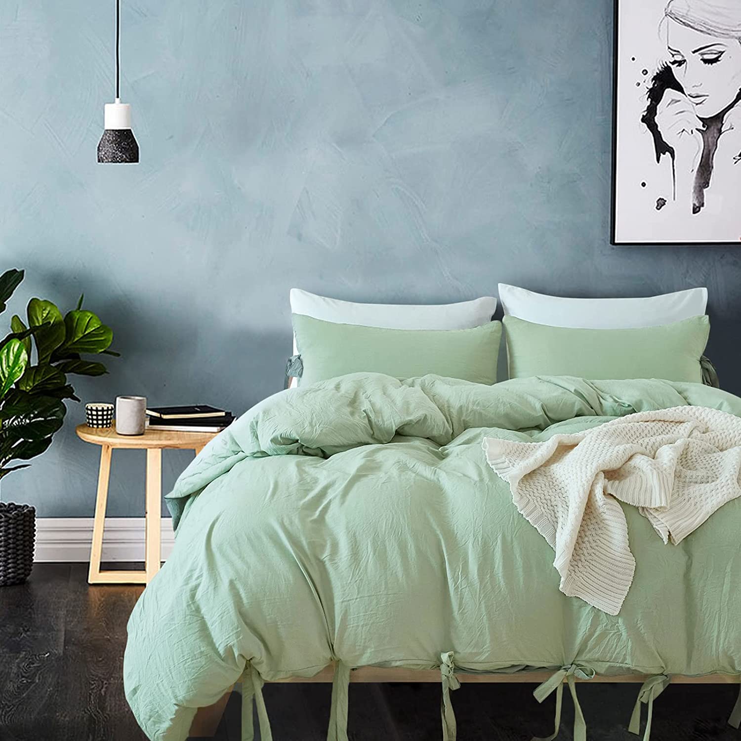 Price:$29.99 Sage Green Duvet Cover Set Queen Size, 3 Pieces Bowknot Bedding Set, Bow Tie Style for Girl, Washed Microfiber Technical, Modern Simple Design : Home & Kitchen