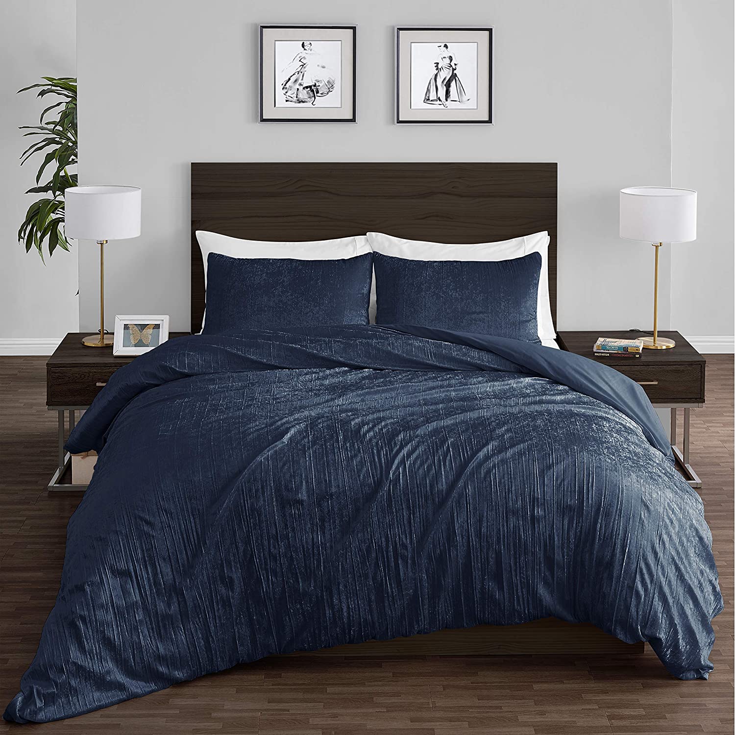 Price:$42.99 Crinkle Velvet Royal Navy Blue Metallic Crush Boho Chic Textured Glam Duvet Comforter Cover and Sham 3p Full Queen Size Bedding Set Solid Shiny Luxury Modern Bohemian Teen Bed Bedspread Quilt : Home & Kitchen