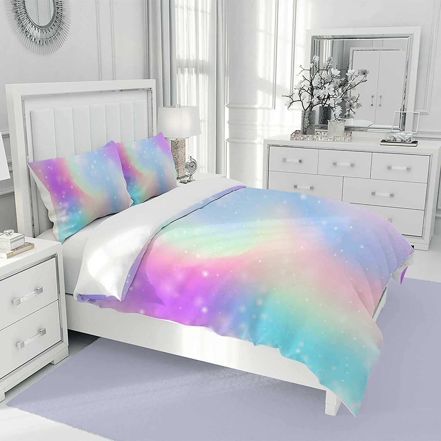 Price:$59.99 Starry Galaxy Rainbow Duvet Cover Bedding 3 Piece Set Kids Quilt Comforter Cover with Pillowcases Full Size, NO Comforter Included : Home & Kitchen