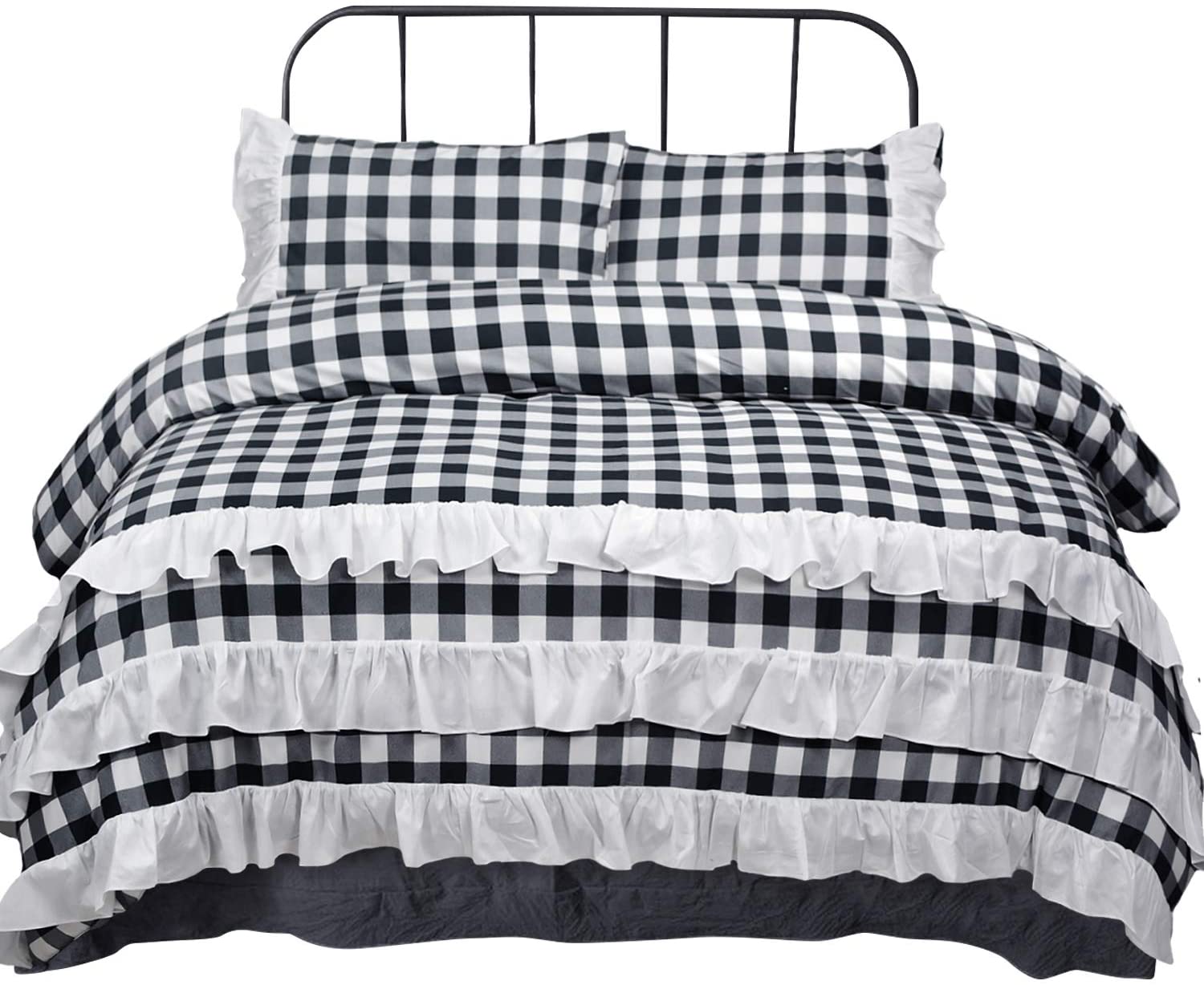 Price:$39.99 Buffalo Plaid Bedding 3 Piece Shabby Duvet Cover Set with White Ruffles (Full, Black and White Plaid) : Home & Kitchen
