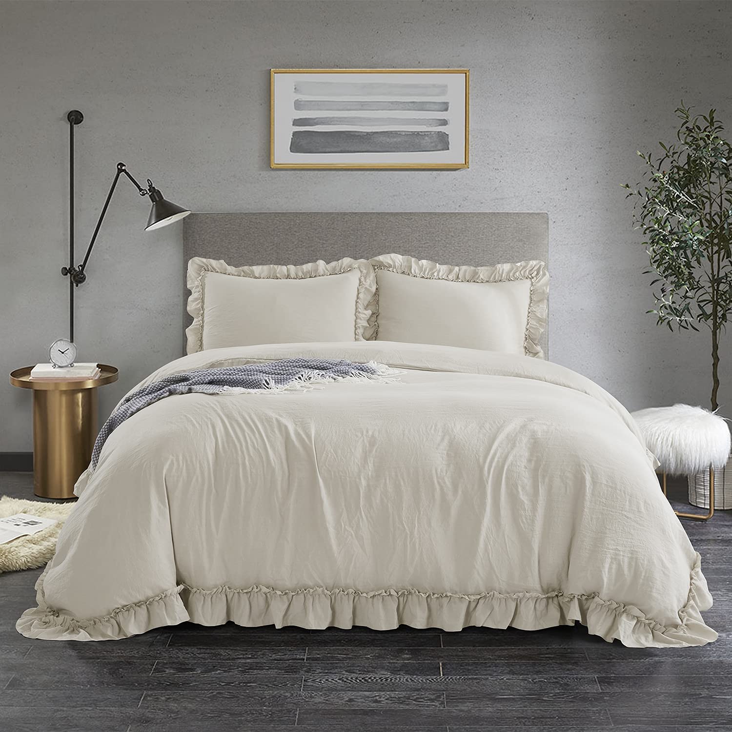 Price:$36.99 3 Piece Camel King Size Duvet Cover Set with Handcraft Ruffle - Pre-Washed Microfiber Fabric Comforter Cover with French Country Style, Machine Washable Bedding Set with Zipper Closure (Jana) : Home & Kitchen
