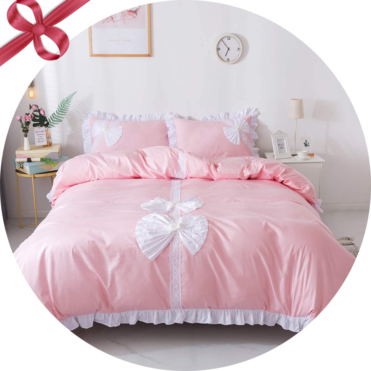 Price:$87.00 Pink Girls Bedding Set King Duvet Cover 3 Pcs Princess Ruffled Lace with Cute Bownot 100% Cotton Bedding with Zipper Ties 1 Duvet Cover 2 Pillow Shams : Home & Kitchen