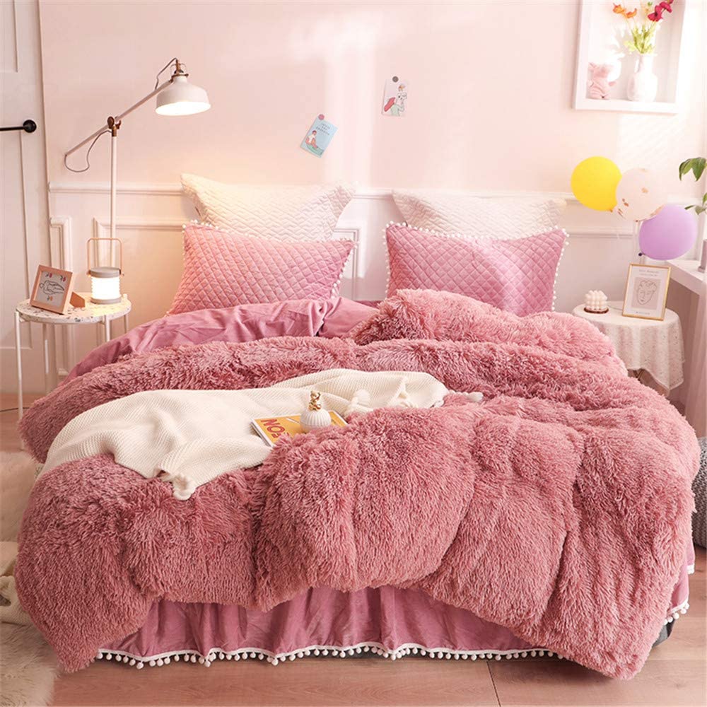 Price:$69.99 Plush Shaggy Duvet Cover Set 3 Piece (1 Faux Fur Comforter Cover + 2 Pompoms Fringe Pillow Shams) Ultra Soft Crystal Velvet Fur Bedding Zipper Closure Red Bean Pink King 104"x90" : Home & Kitchen