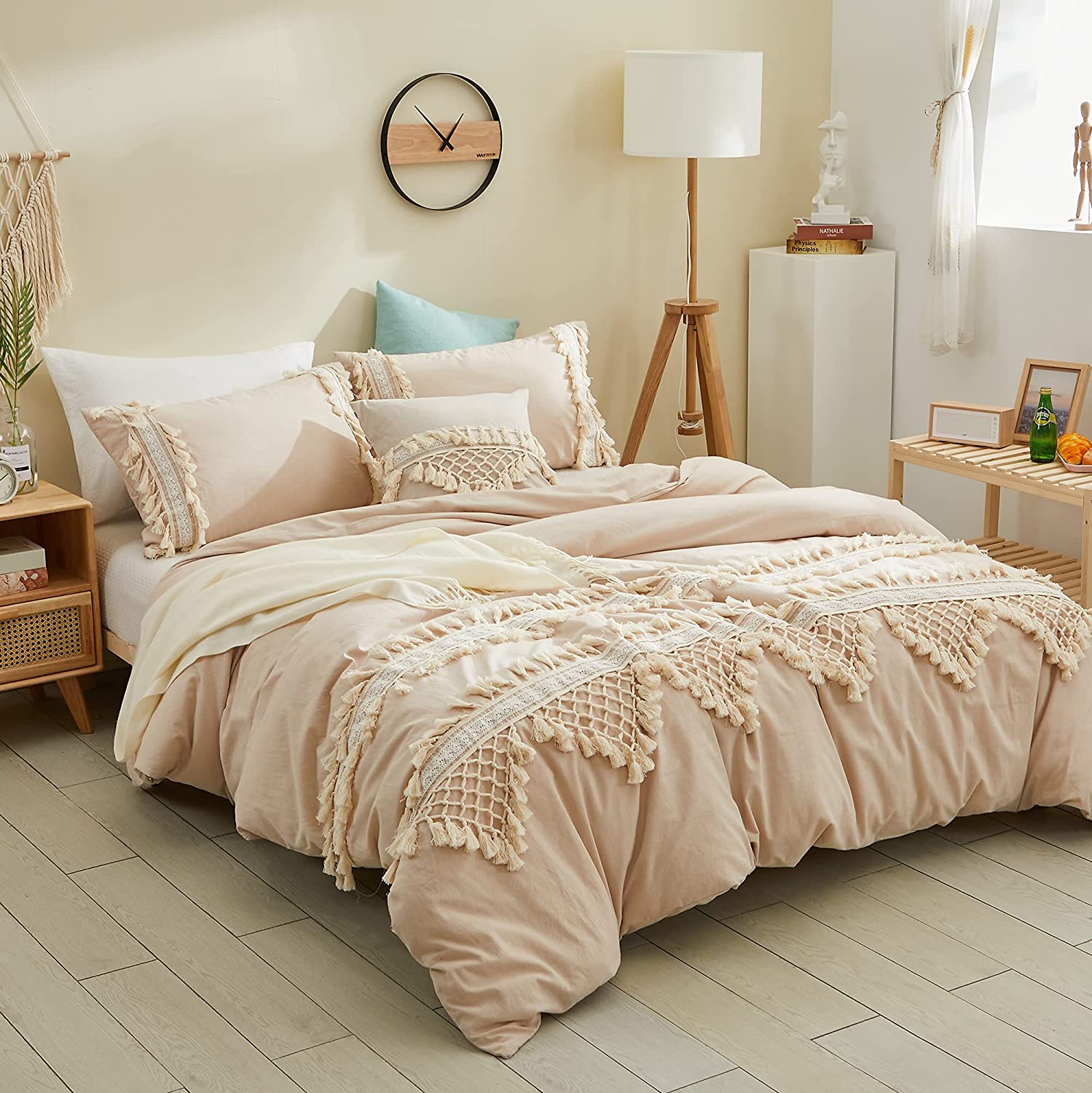 Price:$97.00 Vintage 3Pcs Duvet Cover Bedding Set Triangle Tassel Fringed Queen 100% Washed Cotton and Elegant Ruffle Lace Hidden Zipper Closure Bedding Collections Light Camel tan : Home & Kitchen
