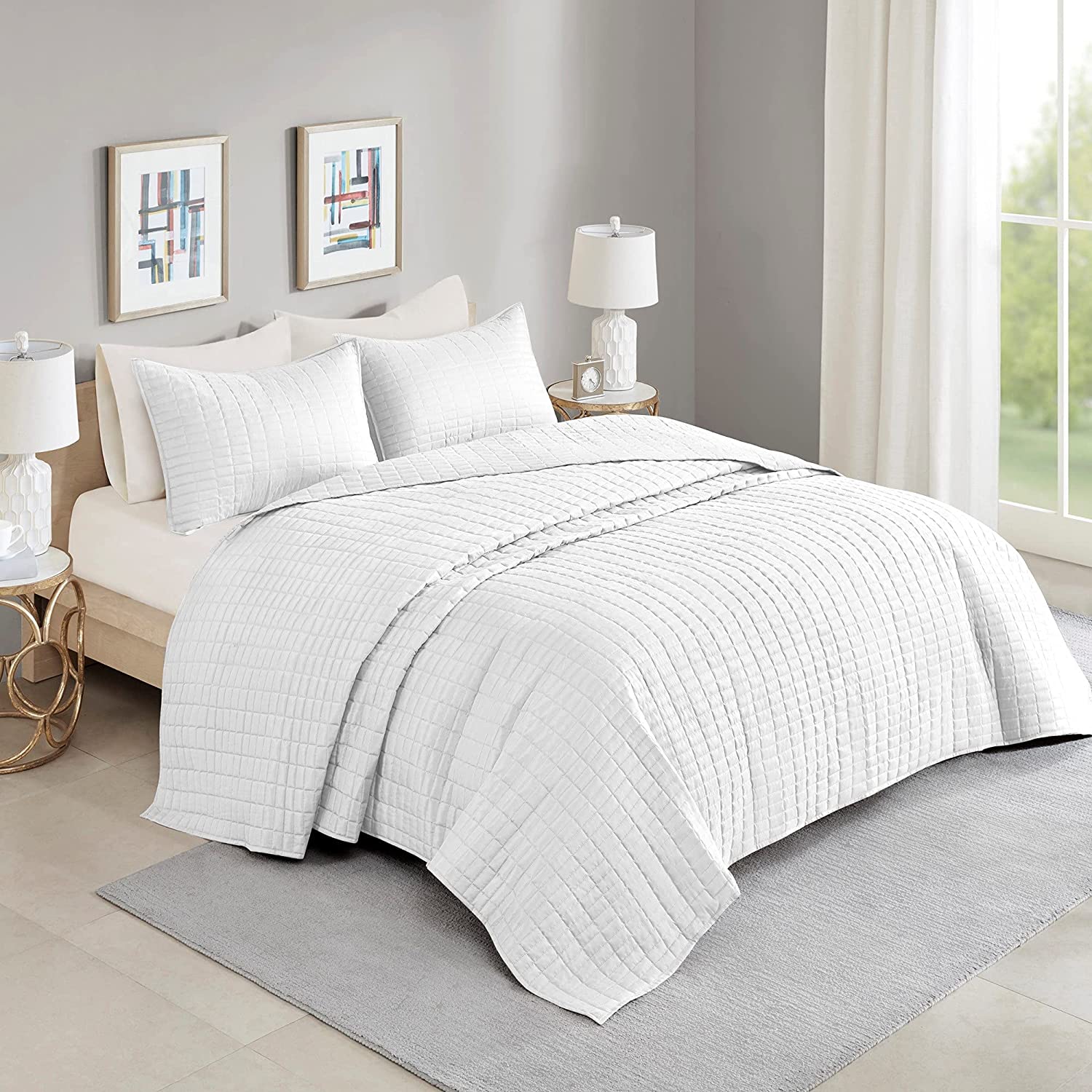 Price:$51.92 Spaces Kienna Quilt Set-Luxury Double Sided Stitching Design All Season, Lightweight, Coverlet Bedspread Bedding, Matching Shams, Oversized Queen(102"x118"), White 3 Piece : Home & Kitchen