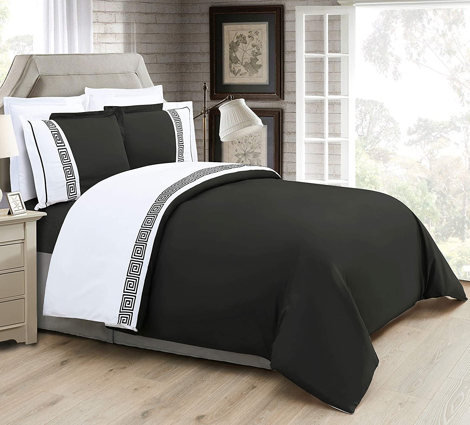 Price:$29.99 Comfort Luxury Super-Soft Coziest 1500 Thread Count3-Piece Greek Embroidered Duvet Cover Set, (Insert Comforter Protector) Wrinkle-Free, King/California King, Black/White : Home & Kitchen