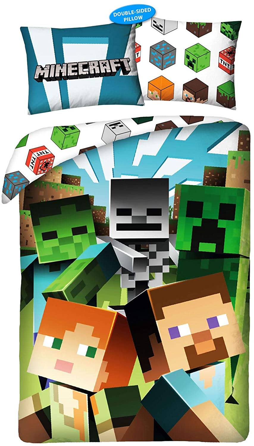 Price:$54.99 Minecraft MNC-200-BL Steve Alex Zombie Children's Bed Linen Set 2-Piece Set: Duvet Cover 140 x 200 cm + 1 Pillow Case Green Oeko-Tex : Home & Kitchen
