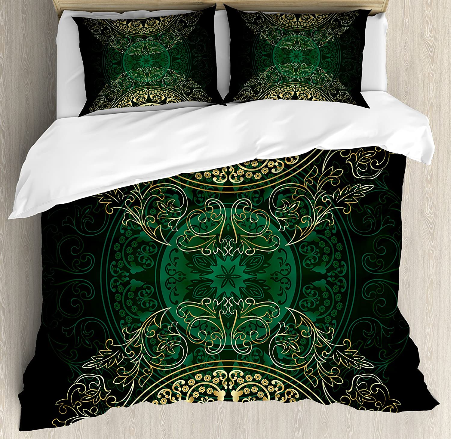 Price:$89.95 Hunter Green Duvet Cover Set, Retro Oriental Mandala Style Floral Circle Antique Swirls Pattern, Decorative 3 Piece Bedding Set with 2 Pillow Shams, King Size, Green Yellow : Home & Kitchen
