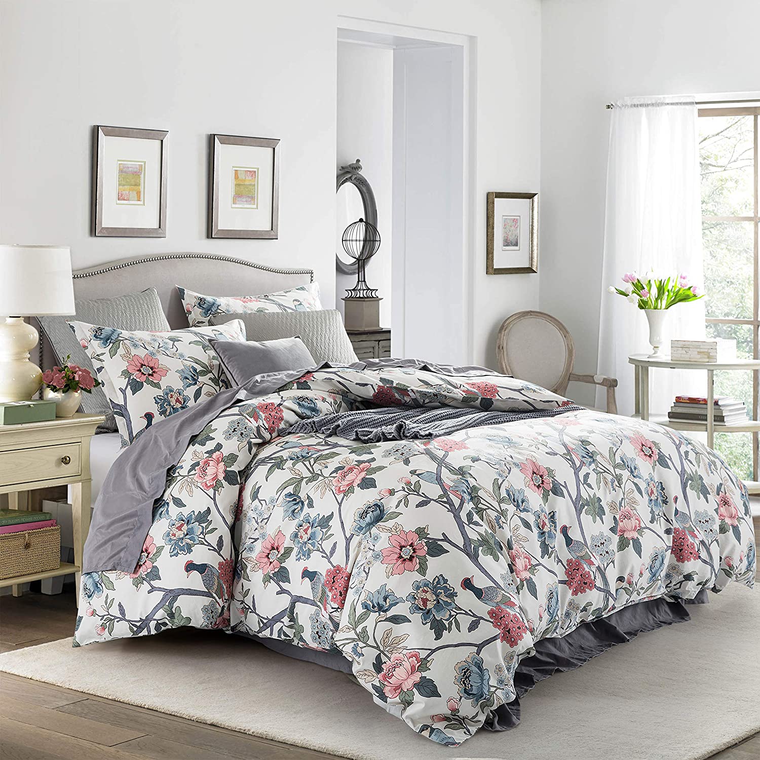 Price:$118.80 Bloom Garden Duvet Cover Set French Country Provincial Chic Floral Birds Bedding Peony Blossom Tree Branches (Muted, Super King) : Home & Kitchen