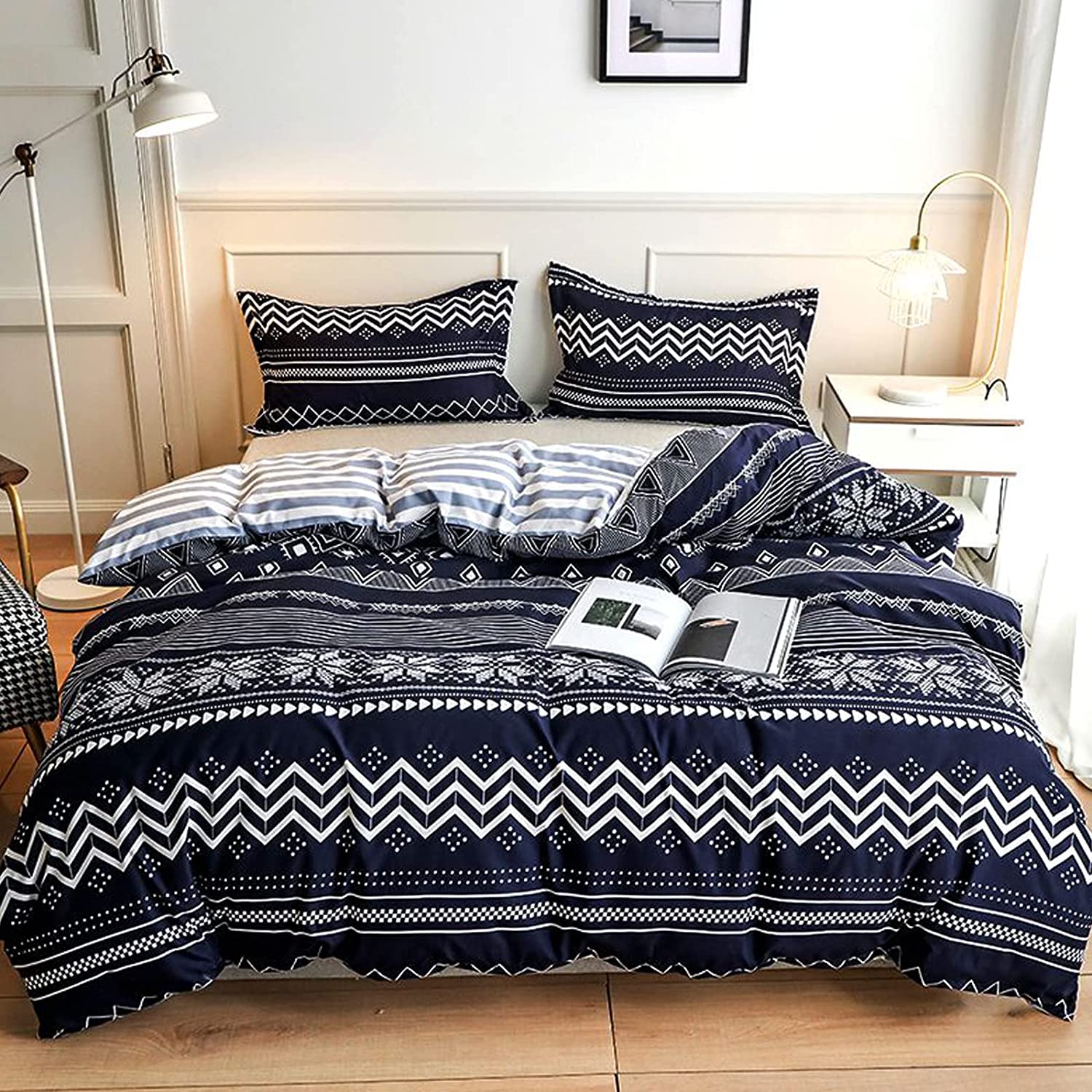Price:$28.99 Duvet Cover Queen Size 3 Piece Set Navy Blue Striped Geometirc Bedding Set Soft Lightweight Hotel Quality Bedding Set 1 Duvet Cover 2 Pillowcases : Home & Kitchen
