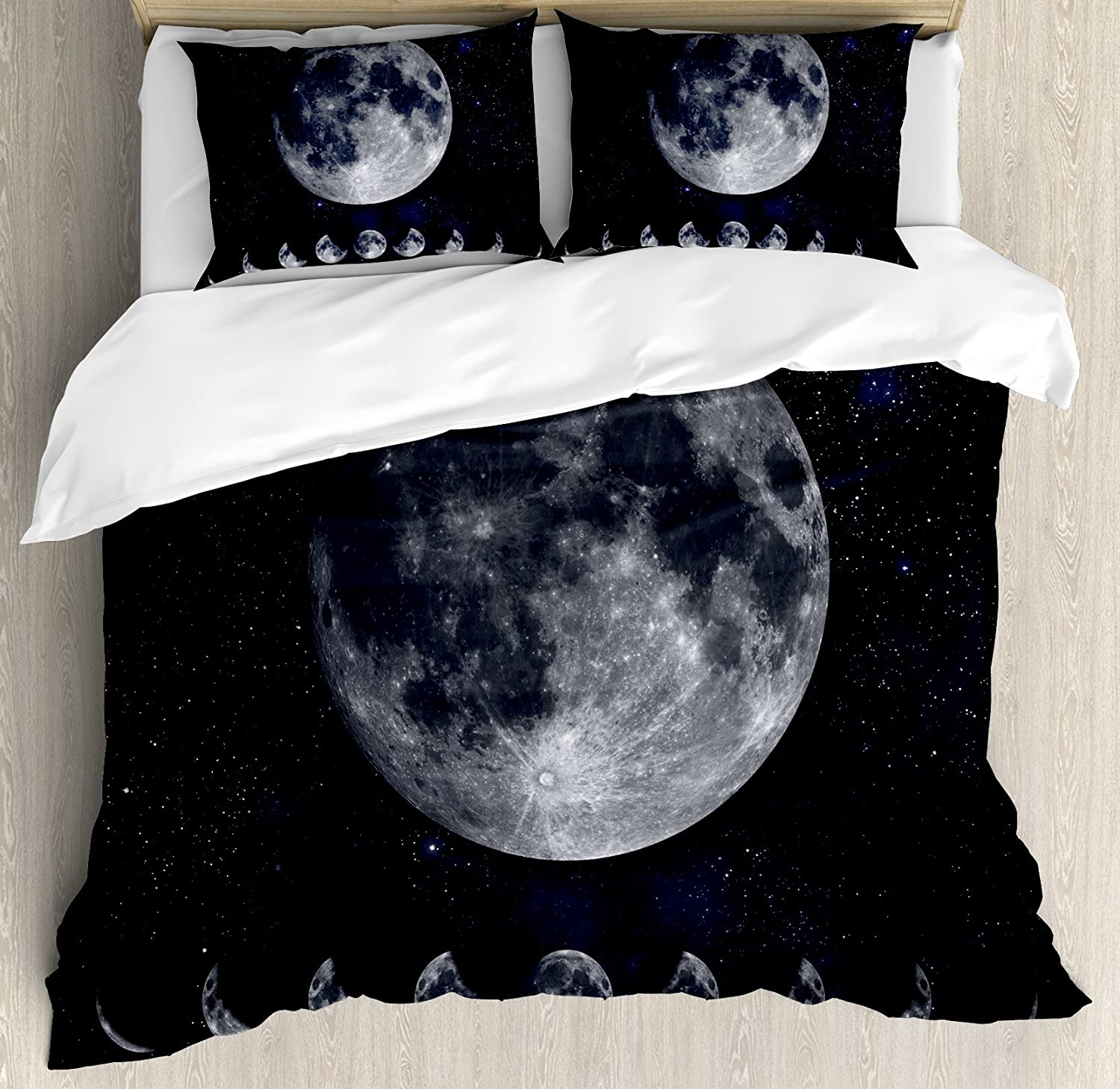 Price:$89.95 Moon Phases Duvet Cover Set, Giant Moon on The Starry Night Sky Eclipse Movement Celestial Science, Decorative 3 Piece Bedding Set with 2 Pillow Shams, King Size, Indigo Black : Home & Kitchen