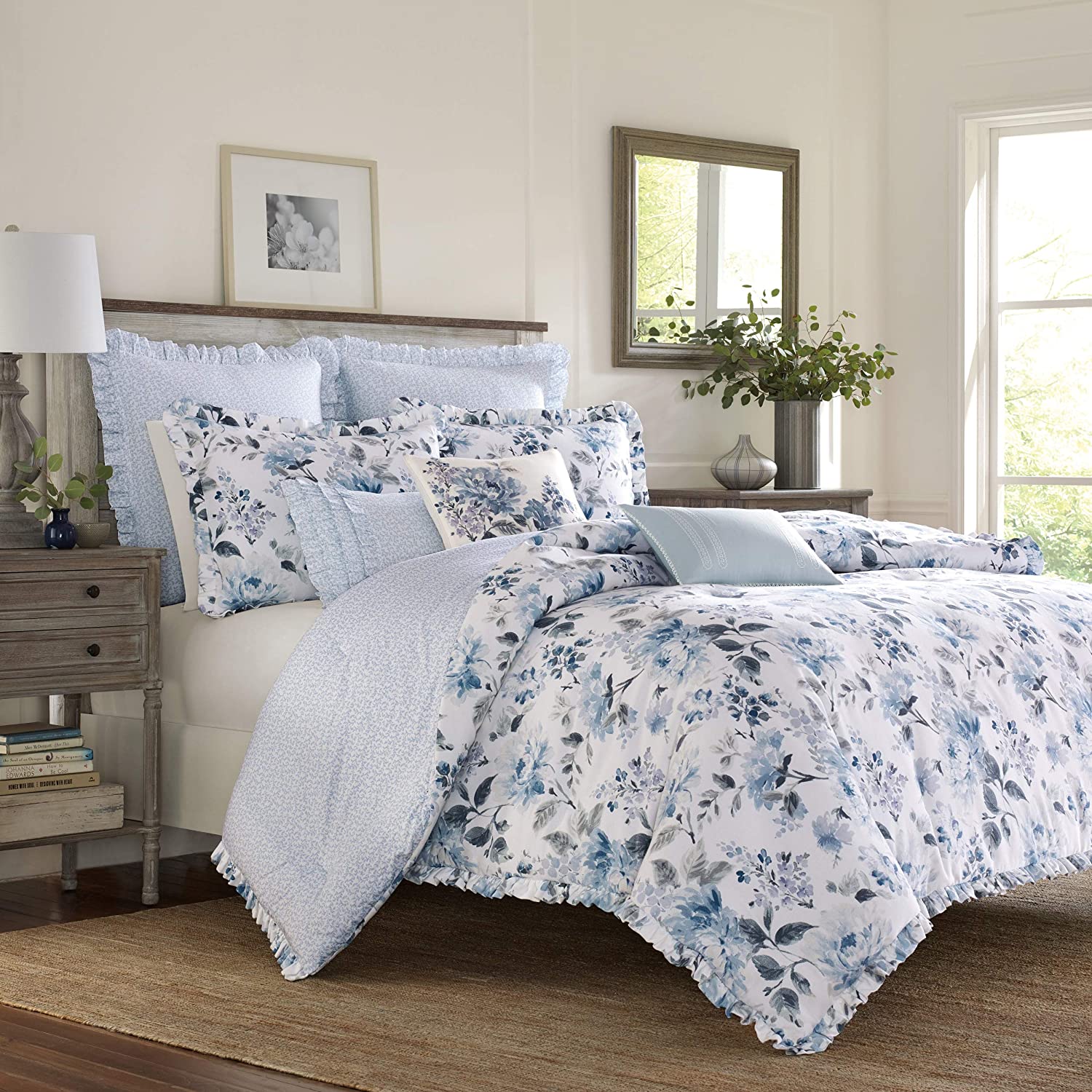 Price:$152.99 Ashley | Chloe Collection | Luxury Ultra Soft Comforter, All Season Premium Bedding Set, Stylish Delicate Design for Home Décor, Queen, Cottage Blue : Home & Kitchen
