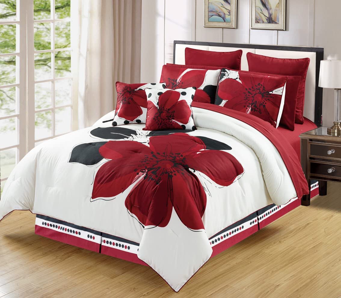 Price:$69.00 Linen 12 - Piece Burgundy Red Black White Floral King Size Duvet Cover Set + Sheets + Accent Pillows : Everything Else