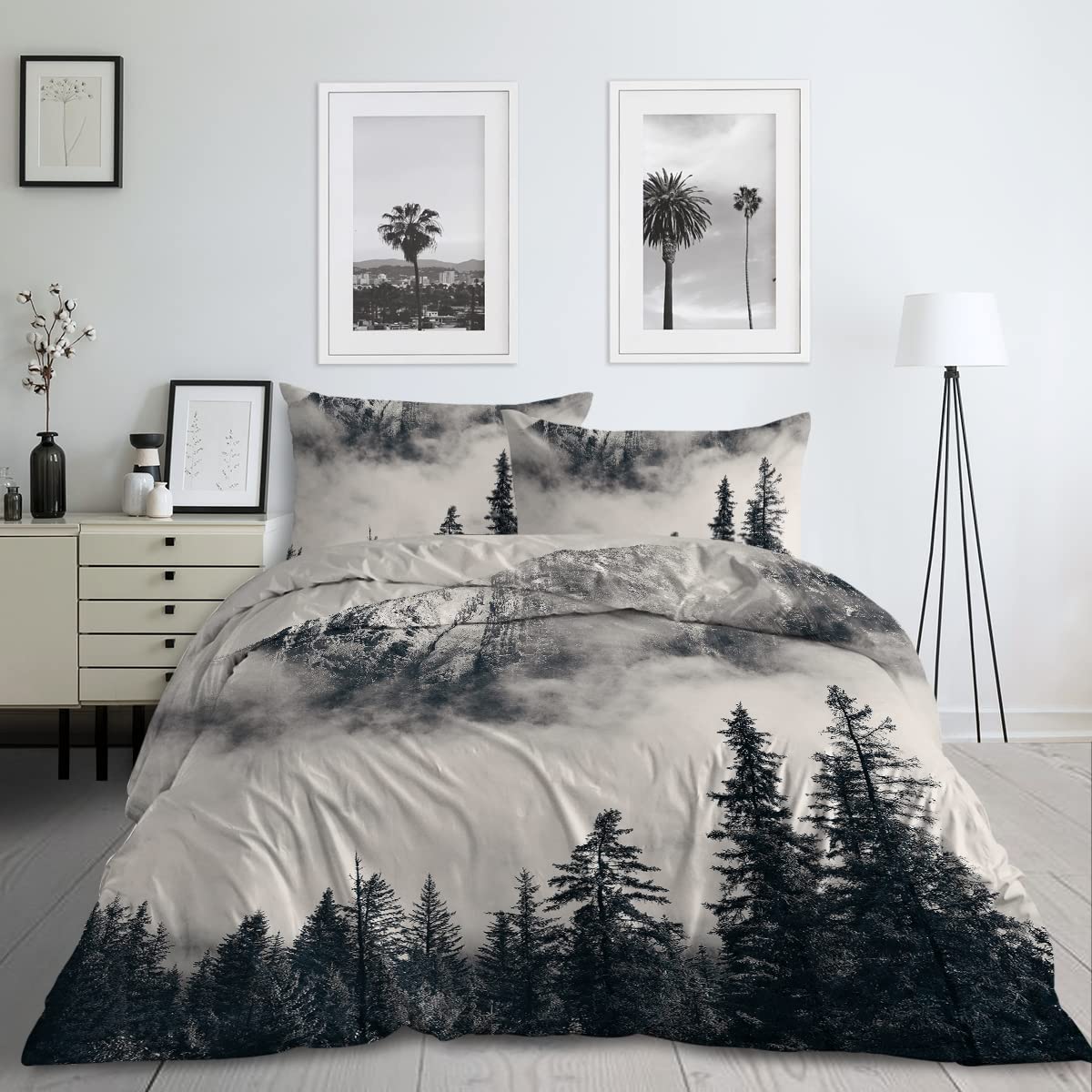 Price:$46.99 Smoky Mountain Bedding Forest Duvet Cover 3 Pieces Grey Trees Natural Scenery Art Bedspread Nature Lover Gift (Queen) : Home & Kitchen
