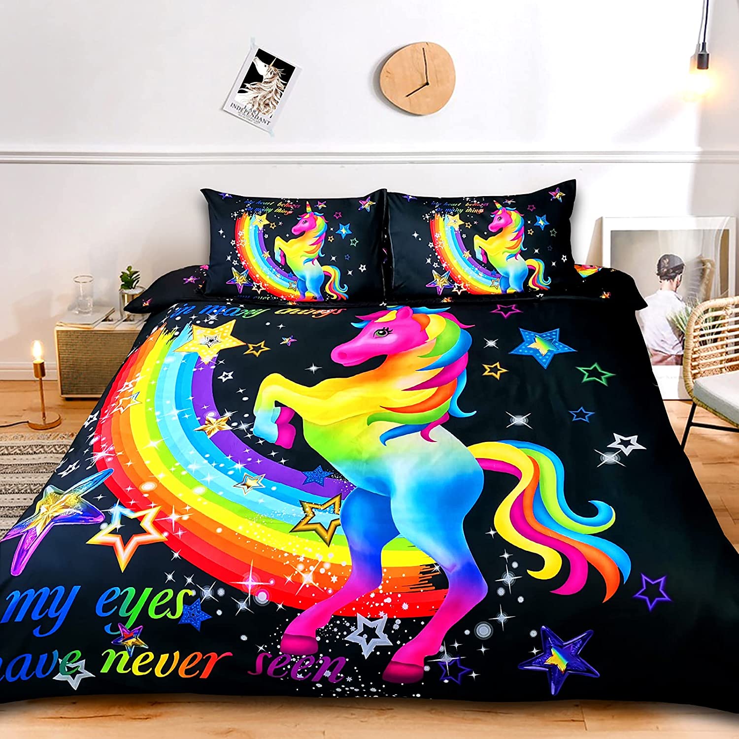 Price:$44.66 Unicorn Duvet Cover Twin Cute Kids Bedding Set Twin Size Unicorn Rainbow Comforter Cover Set Black Cartoon Child Bedding Set with Zipper Closure - (1 x Duvet Cover + 2 x Pillowcases) : Home & Kitchen