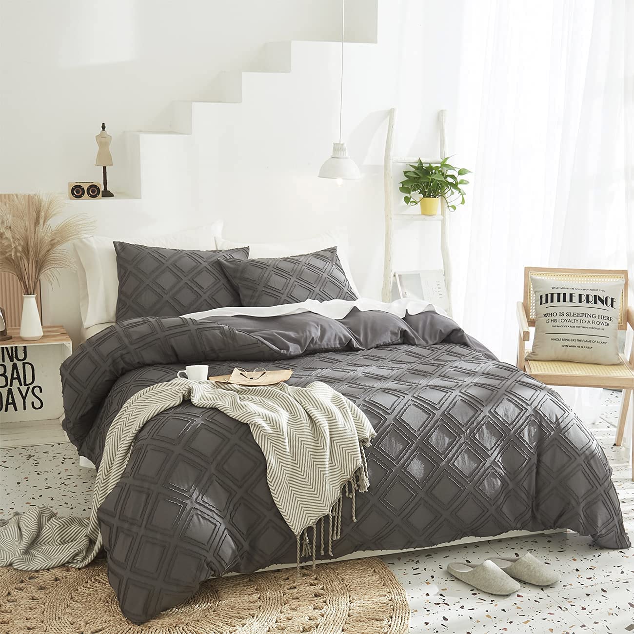 Price:$36.99 3PCS Tufted Grid Pattern Duvet-Cover-Sets, Gray Queen Microfiber Luxury Soft Comfortable Polyester Bedding-Sets with1 Duvet Cover and 2Pillowcases : Home & Kitchen