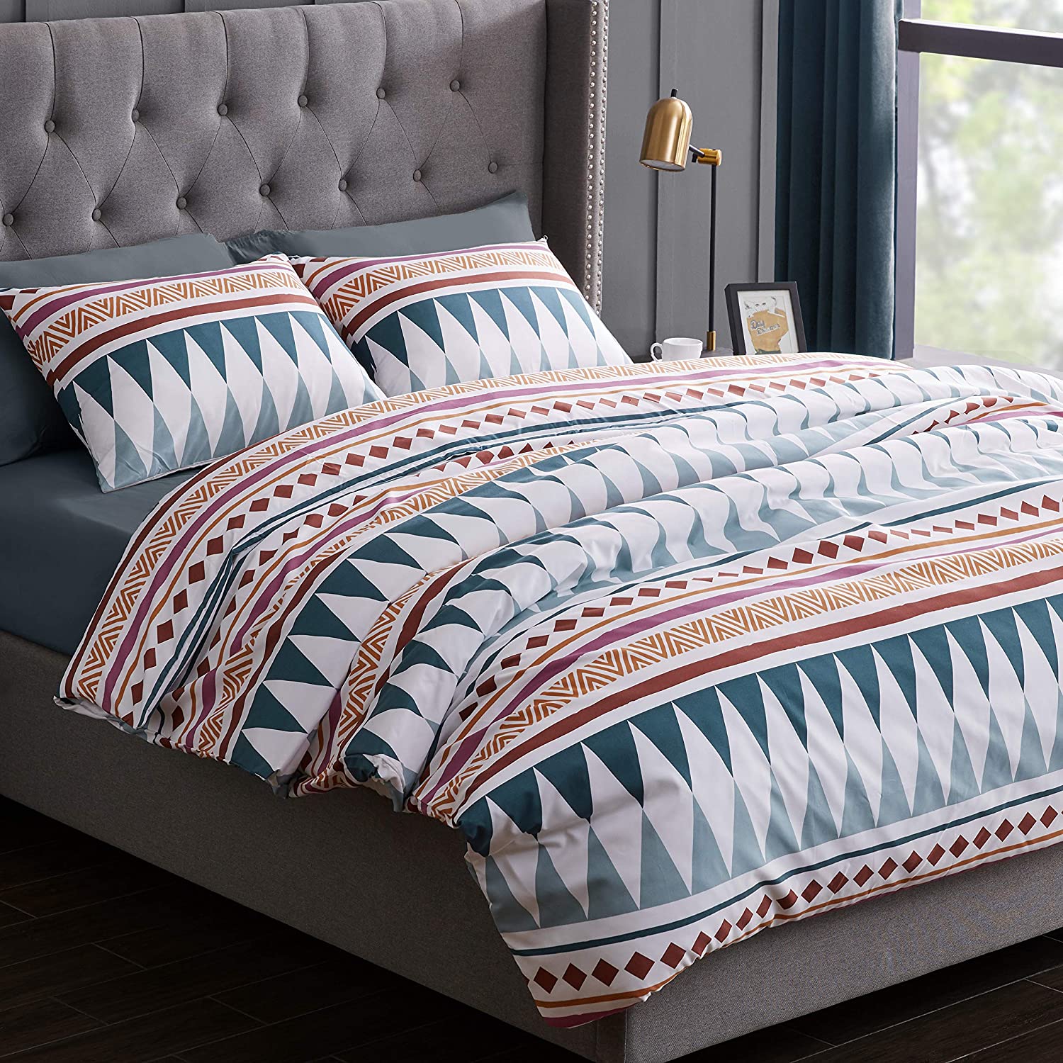 Price:$59.99 Chic Bohemian Teal Blue Geometric Duvet Comforter Cover and Sham 3 pc. Full/Queen Size Bed Bedding Set Modern Rustic Southwestern Colorful Aztec Hippie Patterned Tribal Diamond Triangle Urban : Home & Kitchen