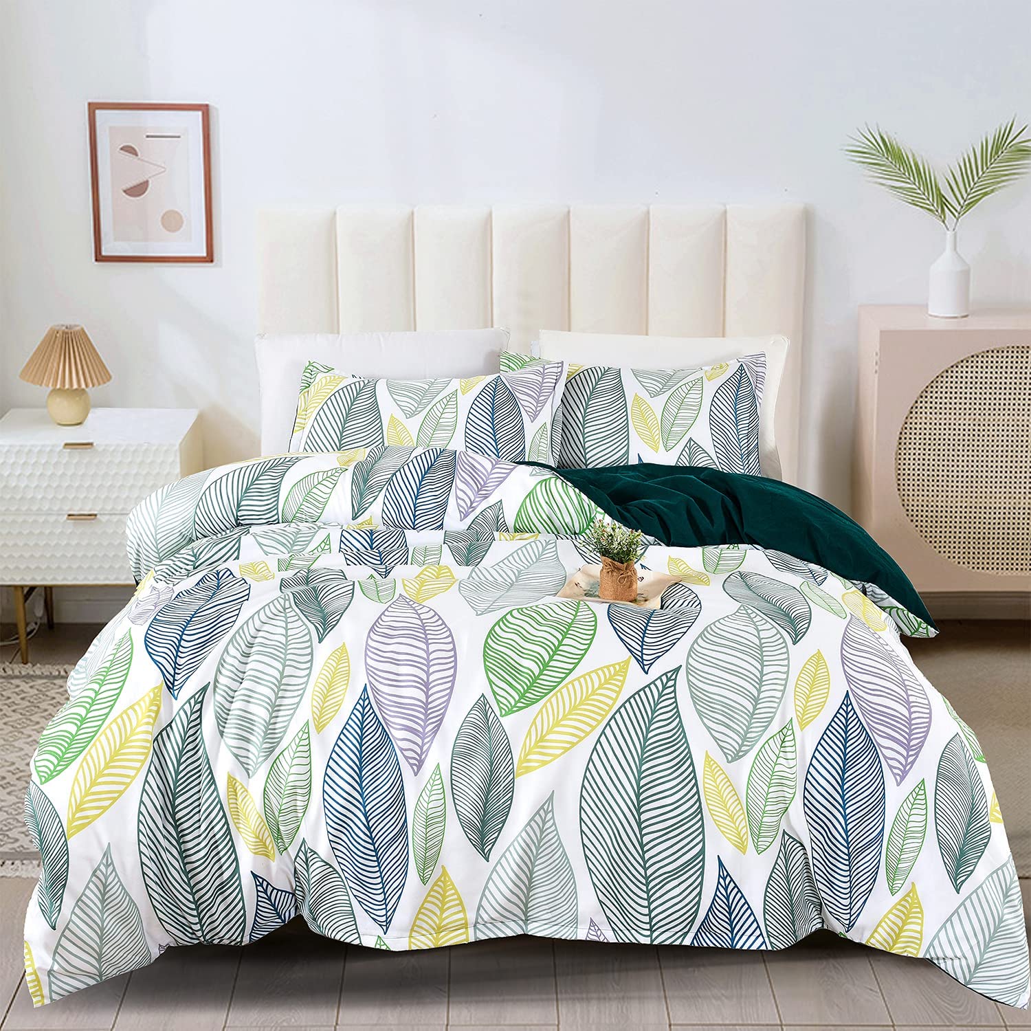 Price:$39.99 Green Leaves Duvet Cover Set Queen Size (90x90 inches) Microfiber Bedding Duvet Cover Printing Multicolored Leaves with Zipper Closure and Corner Ties : Home & Kitchen