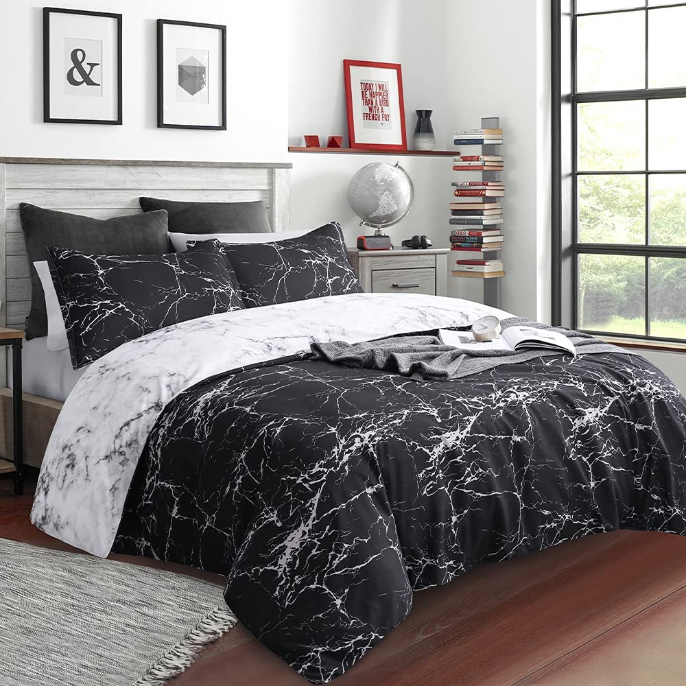 Price:$29.95 Soft Microfiber Duvet Cover Set, Print Marble Pattern Reversible Color Black White, King Size 3-Piece Set ( 1 Duvet Cover 2 Pillow Shams ) : Home & Kitchen