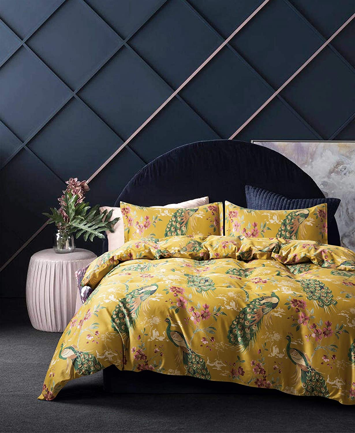 Price:$108.80 Home Chinoiserie Chic Peacock Floral Duvet Cover Paradise Garden Botanical Bird and Tree Branches Vintage Stylized Long Staple Cotton Bedding Set (King, Citrine) : Home & Kitchen