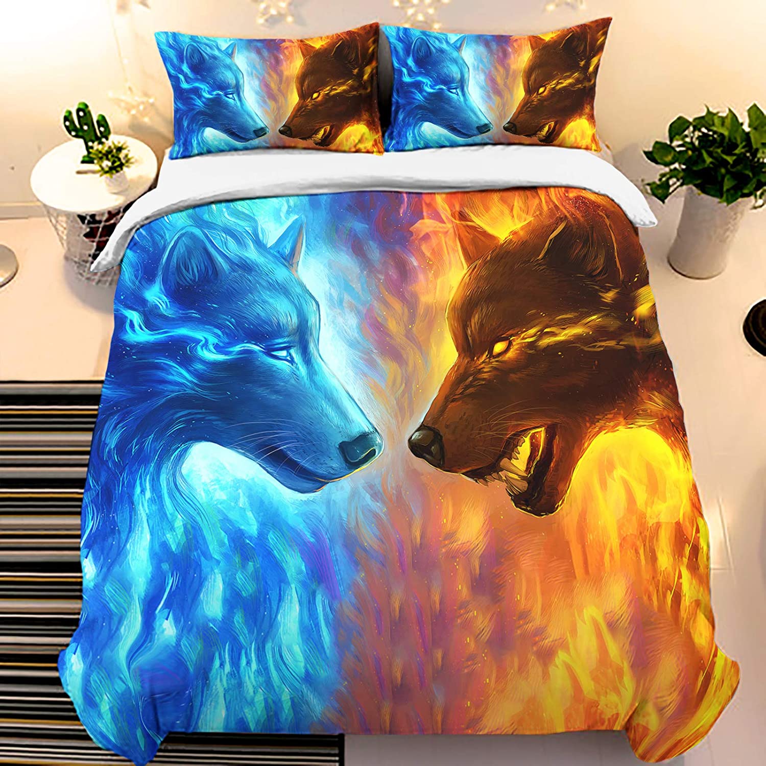 Price:$27.99 Fire Wolf Duvet Cover Set Animal Printed Blue&Red 3D Comforter Cover Set Soft Microfiber Bedding Quilt Cover Set with Pillow Case Zipper Closure for Kids Teens Adults Bedroom Decor Twin : Home & Kitchen