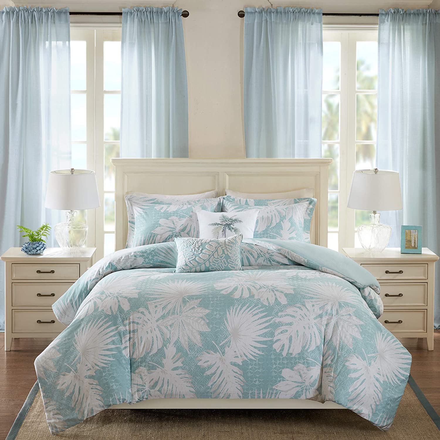 Price:$134.99 House Palm Grove Duvet Cover Cal King Size - Aqua, Tropical Palm Tree Leaf Floral Duvet Cover Set – 5 Piece – Cotton Sateen Light Weight Bed Comforter Covers : Home & Kitchen