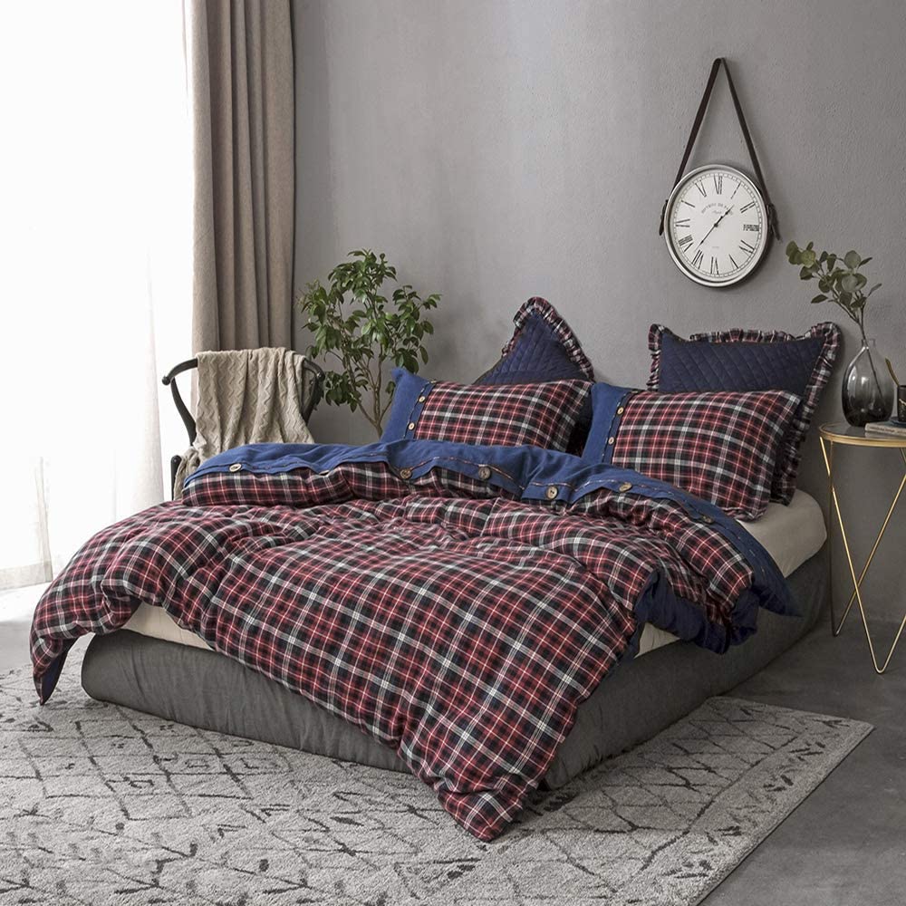 Price:$69.99 100% Cotton and Flannel Duvet Cover Set, Blue and Red Grid Denim, 3 Piece Bedding Set Including 1 Comforter Cover and 2 Pillow Shams, Soft and Comfortable(King, Blue and Red)