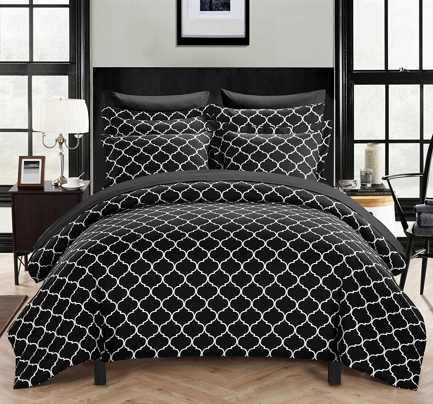 Price:$33.09 Home Brooklyn 3 Piece Reversible Duvet Cover Set Geometric Diamond Fretwork Pattern Print Zipper Closure Bedding-Decorative Shams Included, Queen, Black : Home & Kitchen