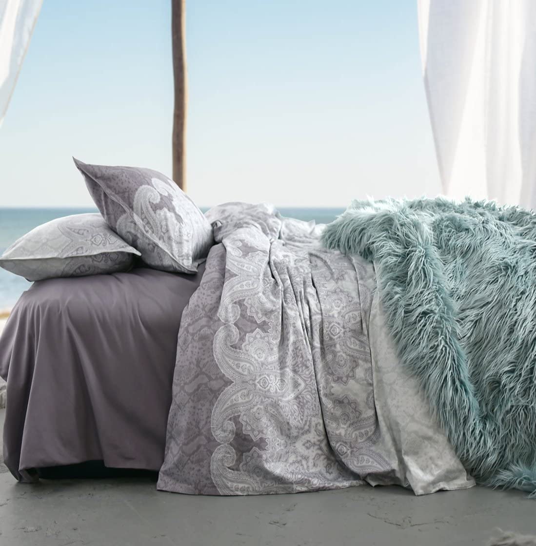 Price:$78.80 Home Lavender Lilac Bohemian Paisley Duvet Quilt Cover Light Blue Purple Boho Chic 100% Cotton Bedding Set Oriental Indian Style Tapestry Print in King or Full Queen Size (King, Dusty Purple) : Home & Kitchen