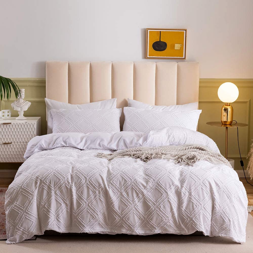 Price:$49.99 White Tufted Duvet Cover King Size (104x90 inch), 3 Pieces (1 Duvet Cover, 2 Pillowcases) Soft Washed Microfiber Embroidery Shabby Duvet Cover Set with Zipper Closure, Corner Ties : Home & Kitchen