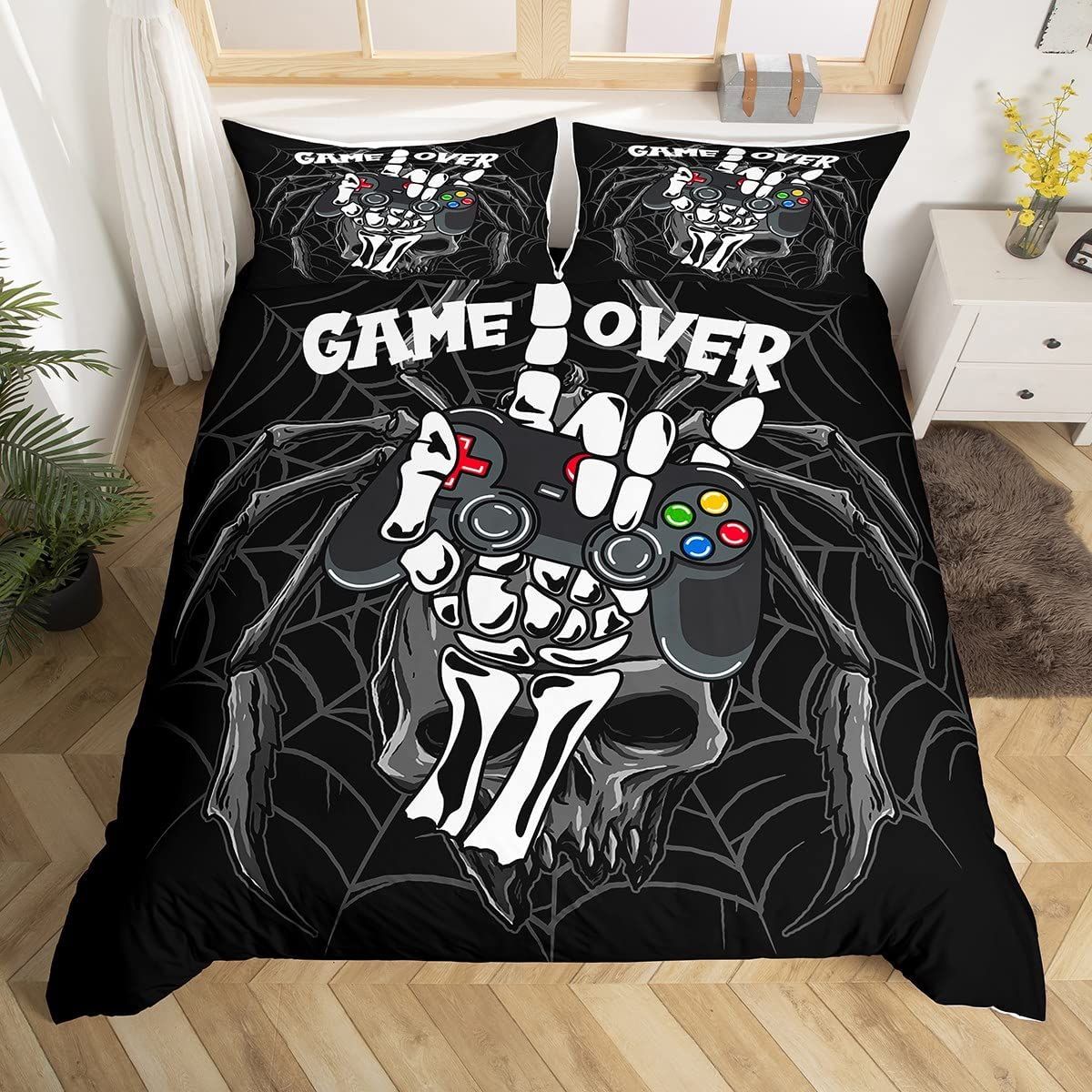 Price:$39.00 Comforter Cover Sugar Skull Gamer Bedding Set Spider Web Halloween Duvet Cover Sets For Kids Boys Juvenile Hand Skeleton Gamepad All Hallow's Eve Games Quilt Cover Child Room Decor Twin Size : Home & Kitchen