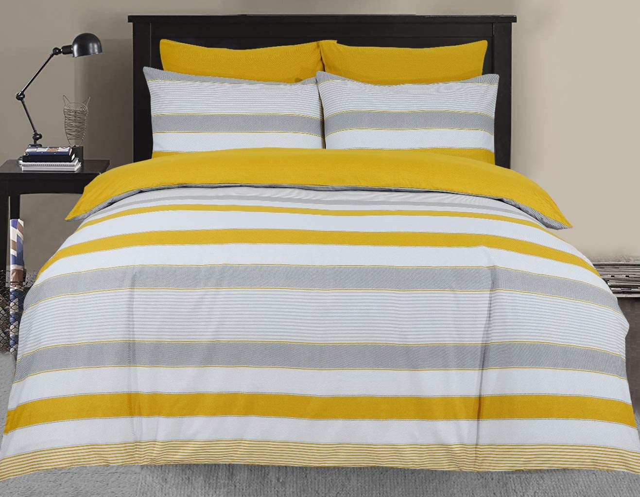Price:$24.95 CLUB 3Pcs Reversible Printed Duvet Cover Set Cotton Blend, Easy Care (Full/Queen, Stripes Mustard) : Home & Kitchen