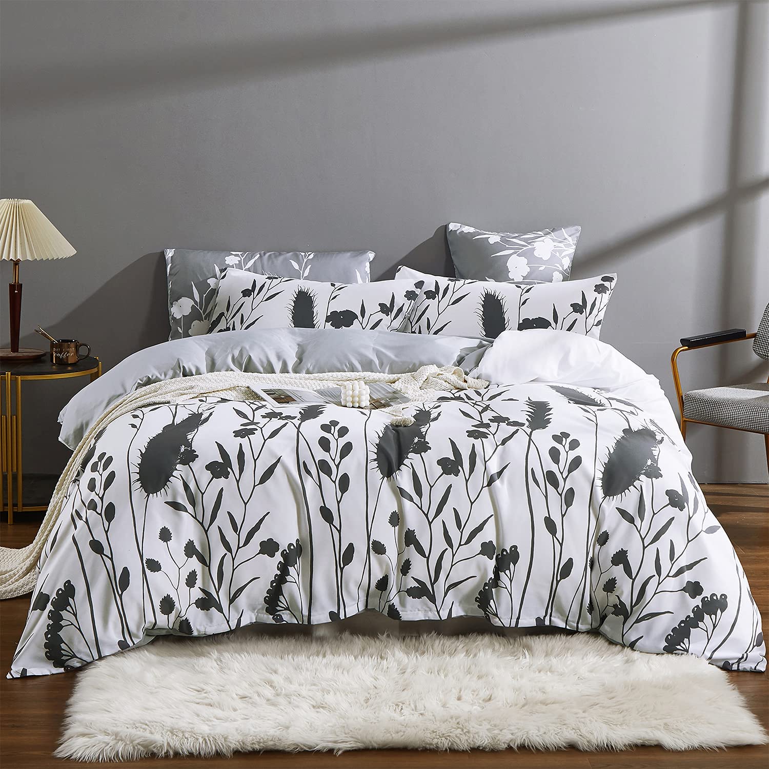 Price:$28.99 White Black Duvet Cover Queen Size,3 Pieces Soft Microfiber Wheat Bouquet Growing Floral Botanical Wildflowers Plant Printed Duvet Cover Queen Set(White,Queen) : Home & Kitchen