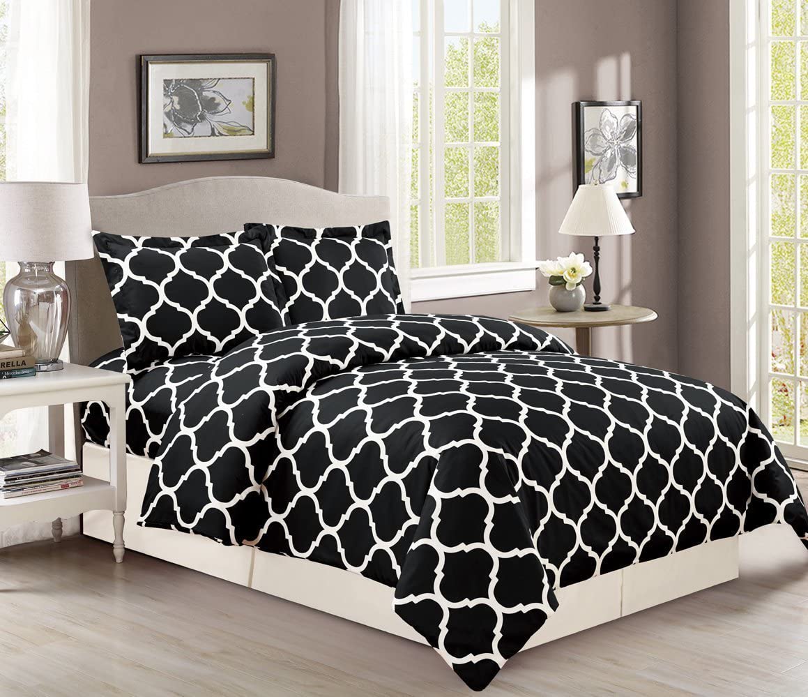 Price:$27.10 Printed Quatrefoil Trellis Lattice Duvet Cover Set, 3pc Luxury Soft, (Queen, Black) : Home & Kitchen
