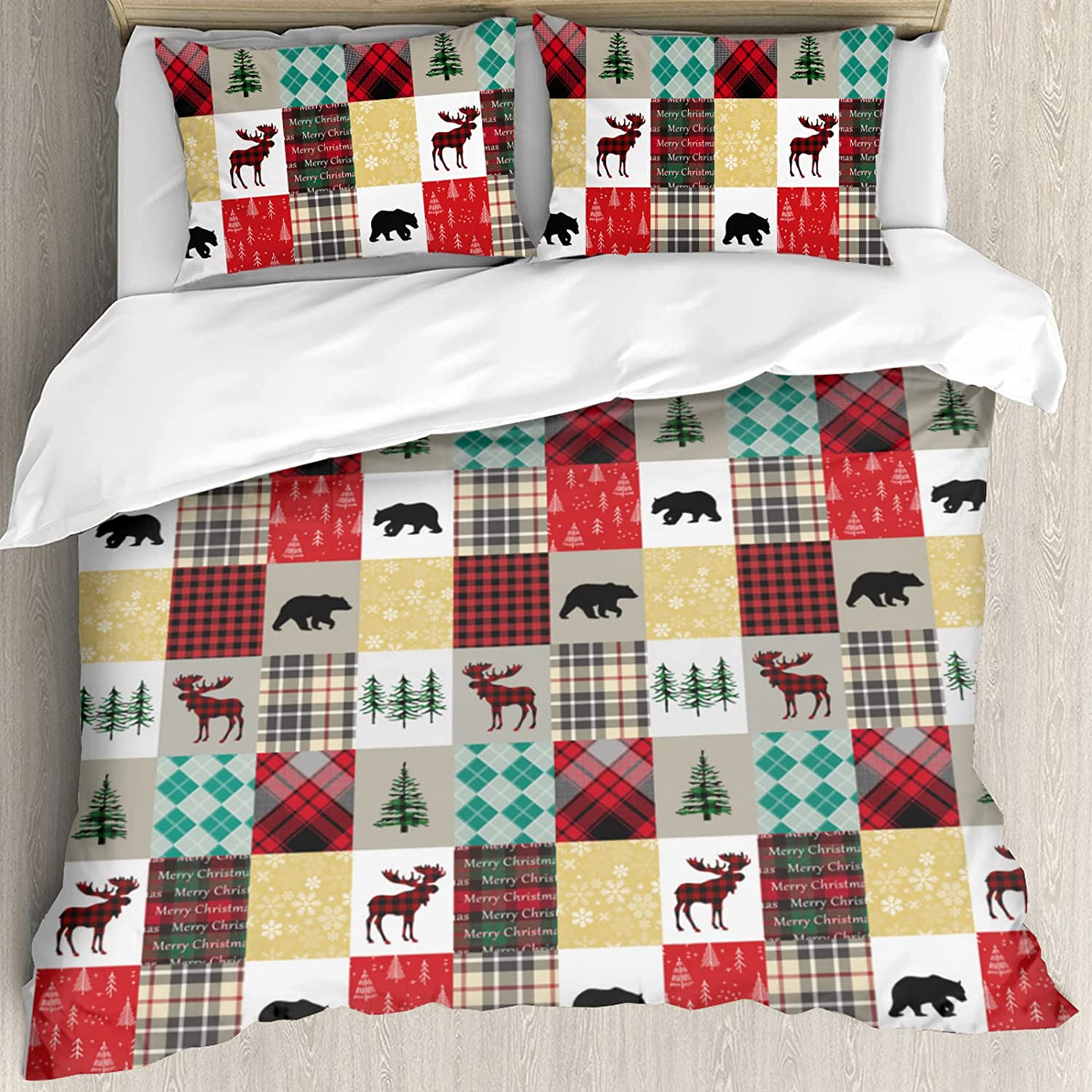 Price:$30.99 Plaid Moose Bear Quilt Set, Rustic Patchwork Duvet Cover with 2 Pillow Shams Lightweight 3 Piece Xmas Holiday Queen Bedding Set : Home & Kitchen