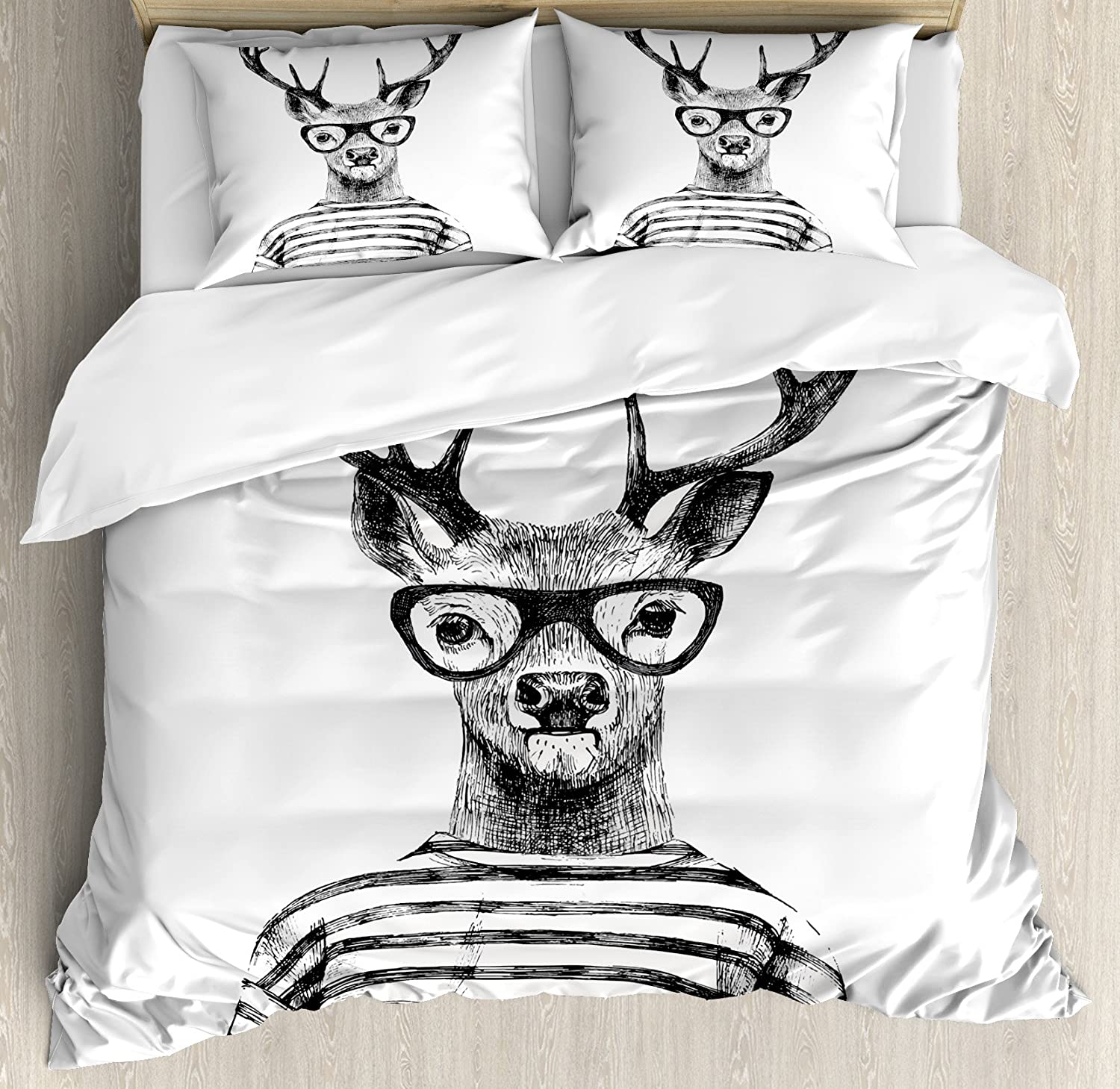 Price:$19.98 Deer Duvet Cover Set, Dressed up Reindeer Headed Human Hipster Style with Glasses Stripped Shirt, Decorative 3 Piece Bedding Set with 2 Pillow Shams, Queen Size, Charcoal Grey : Home & Kitchen