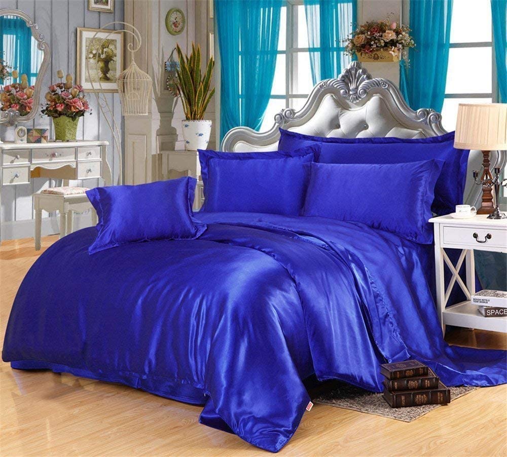 Price:$93.99 Bedding Sheet Set with Duvet Set | 100% Pure Silk Satin Sheet Set 7pcs Silk Fittef Sheet 15'' Deep Pocket, Silk Flat Sheet, Silk Duvet Cover & Pillowcases Set !!!Full XL, Royal Blue : Home & Kitchen