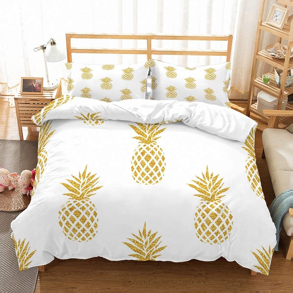 Price:$59.99 3D Dazzling Gold Pineapples Bedspread Cover King Size White Duvet Cover Bedding Set for Kids Teens Adults Yellow Brown Abstract Tropical Fruits Comforter Cover Pineapple 3 Pieces : Home & Kitchen