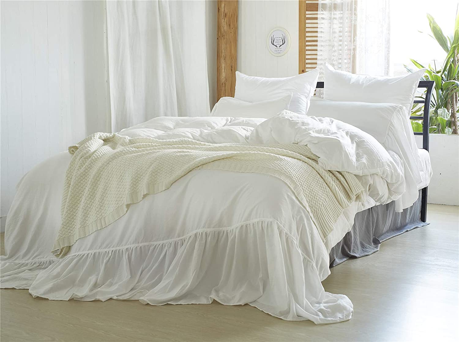 Price:$45.99 Vintage Farmhouse Bedding, 3 Pieces Ruffle Duvet Cover Set 100% Washed Microfiber Romantic Mermaid Tail French Country Style Duvet Cover with Ties (White, King) : Home & Kitchen